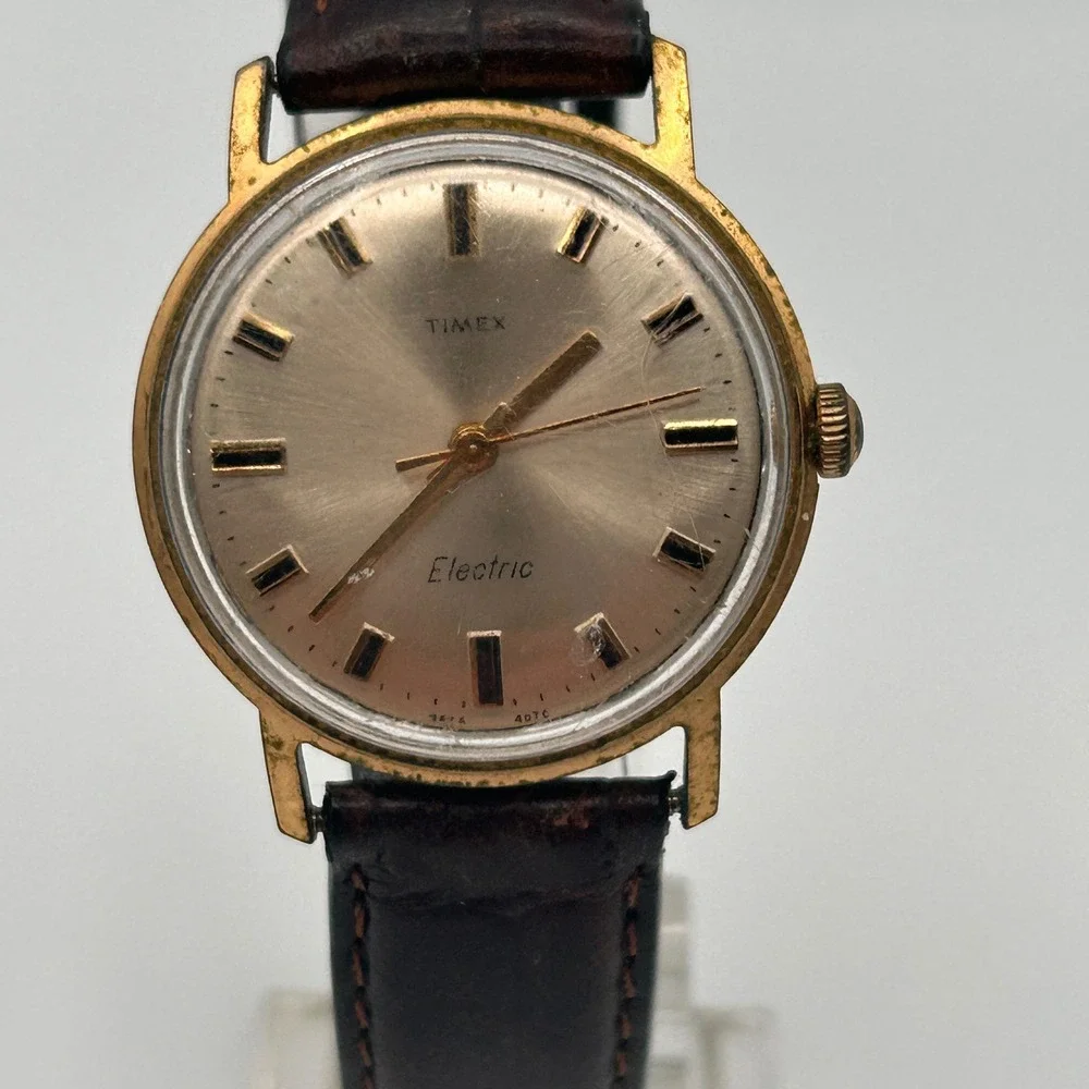 Vtg‎ Timex Electric Mens Watch Gold Tone Champagne Dial Brown Leather FOR REPAIR